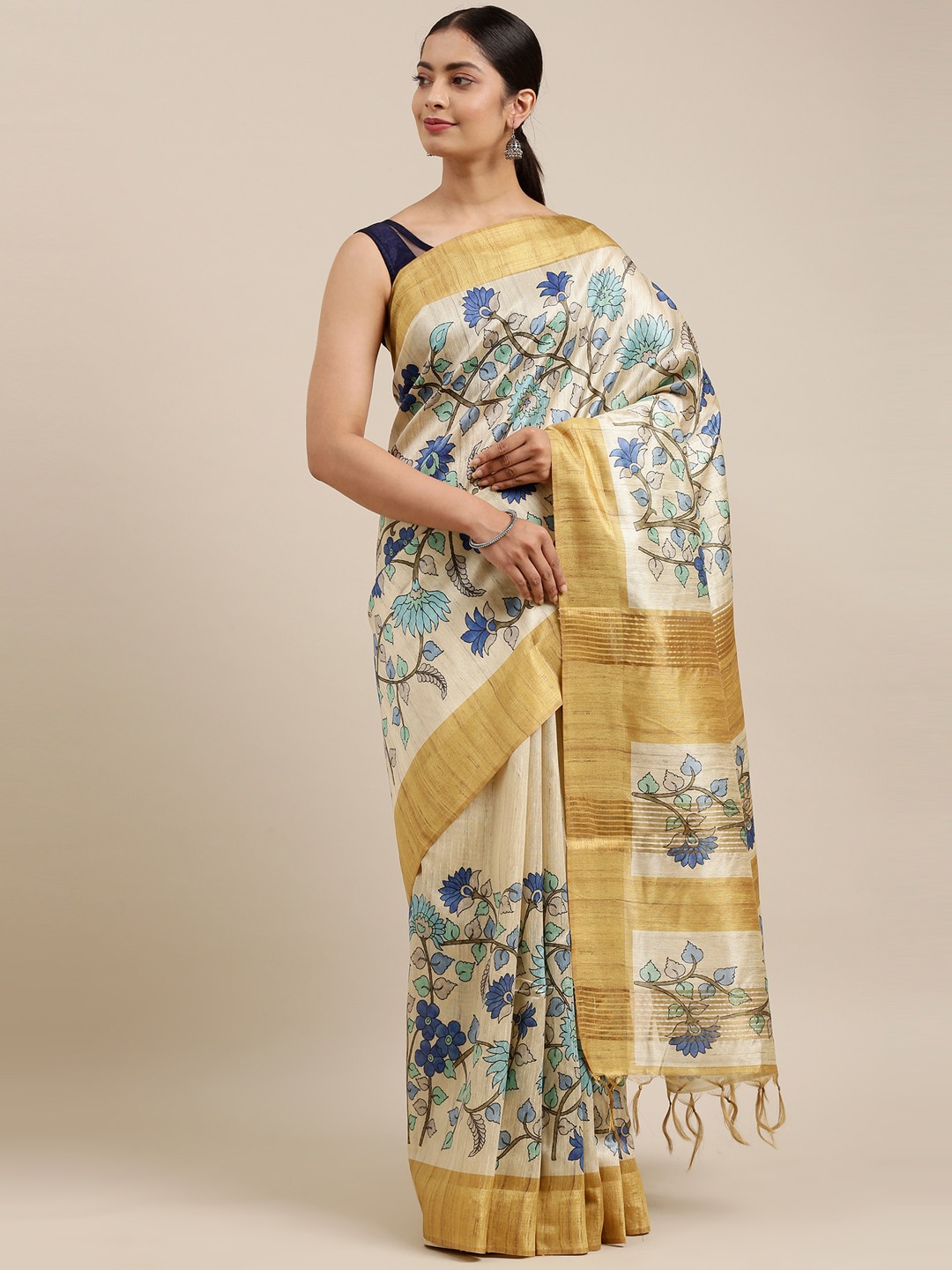 

The Chennai Silks Off White & Blue Floral Fusion Saree
