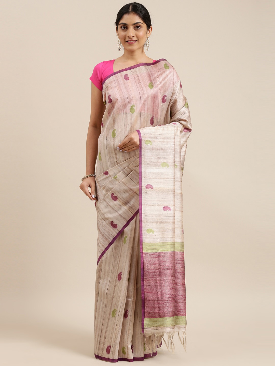 

The Chennai Silks Beige & Green Woven Design Fusion Saree