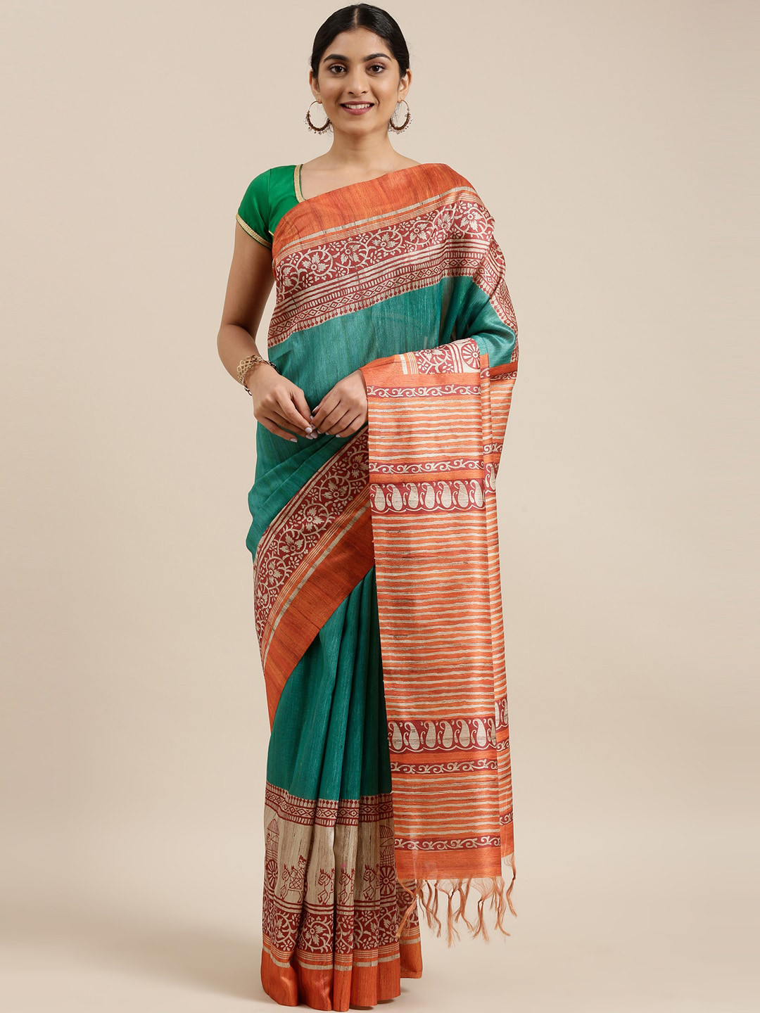 

The Chennai Silks Green & Orange Floral Fusion Saree