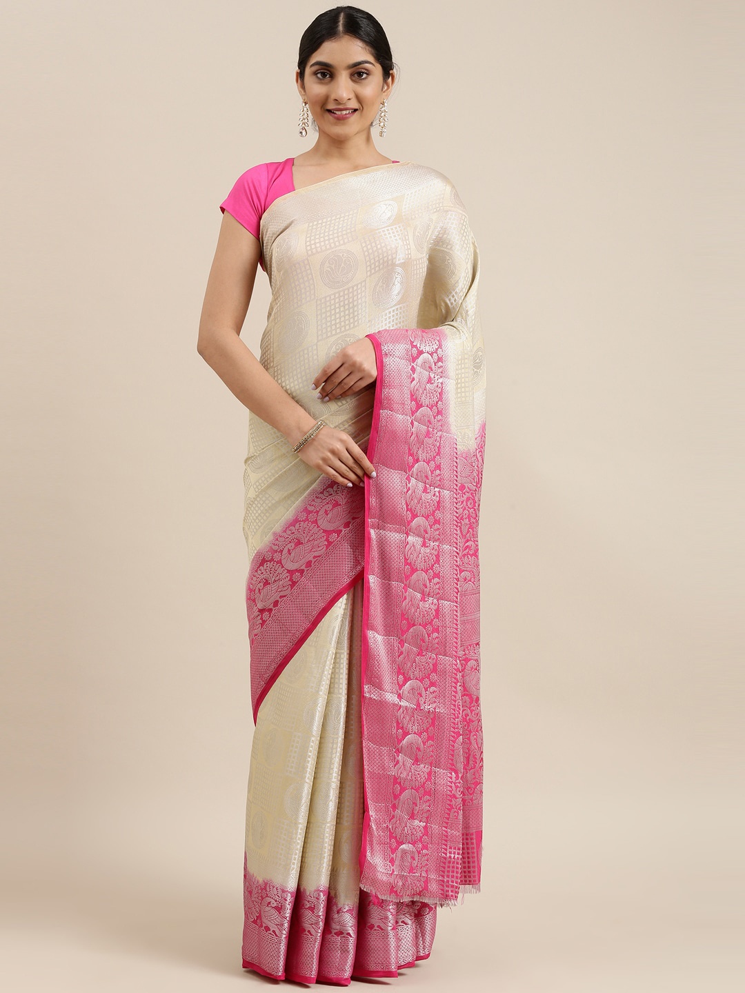 

The Chennai Silks Beige & Magenta Ethnic Motifs Fusion Patola Saree