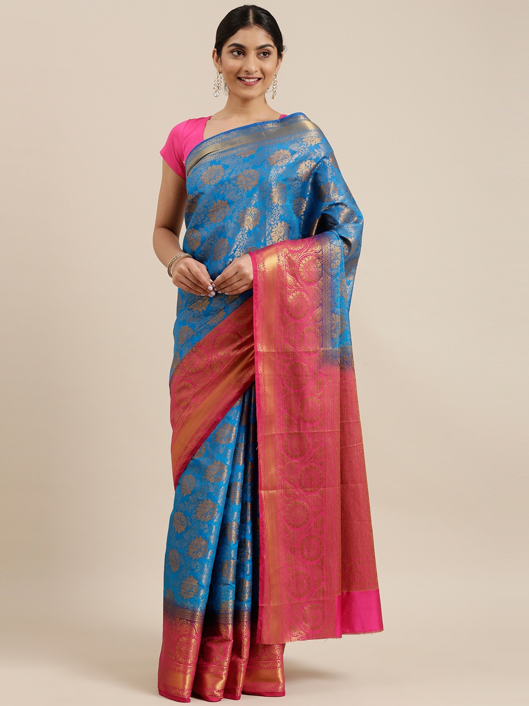 

The Chennai Silks Blue & Pink Floral Fusion Patola Saree