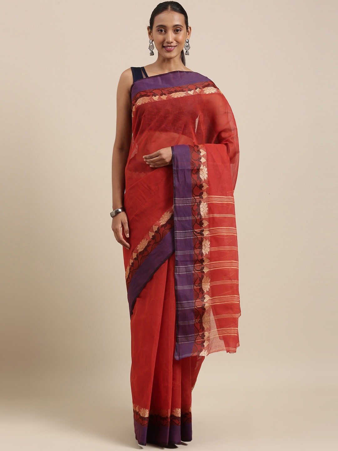 

The Chennai Silks Red & Blue Zari Pure Cotton Fusion Taant Saree