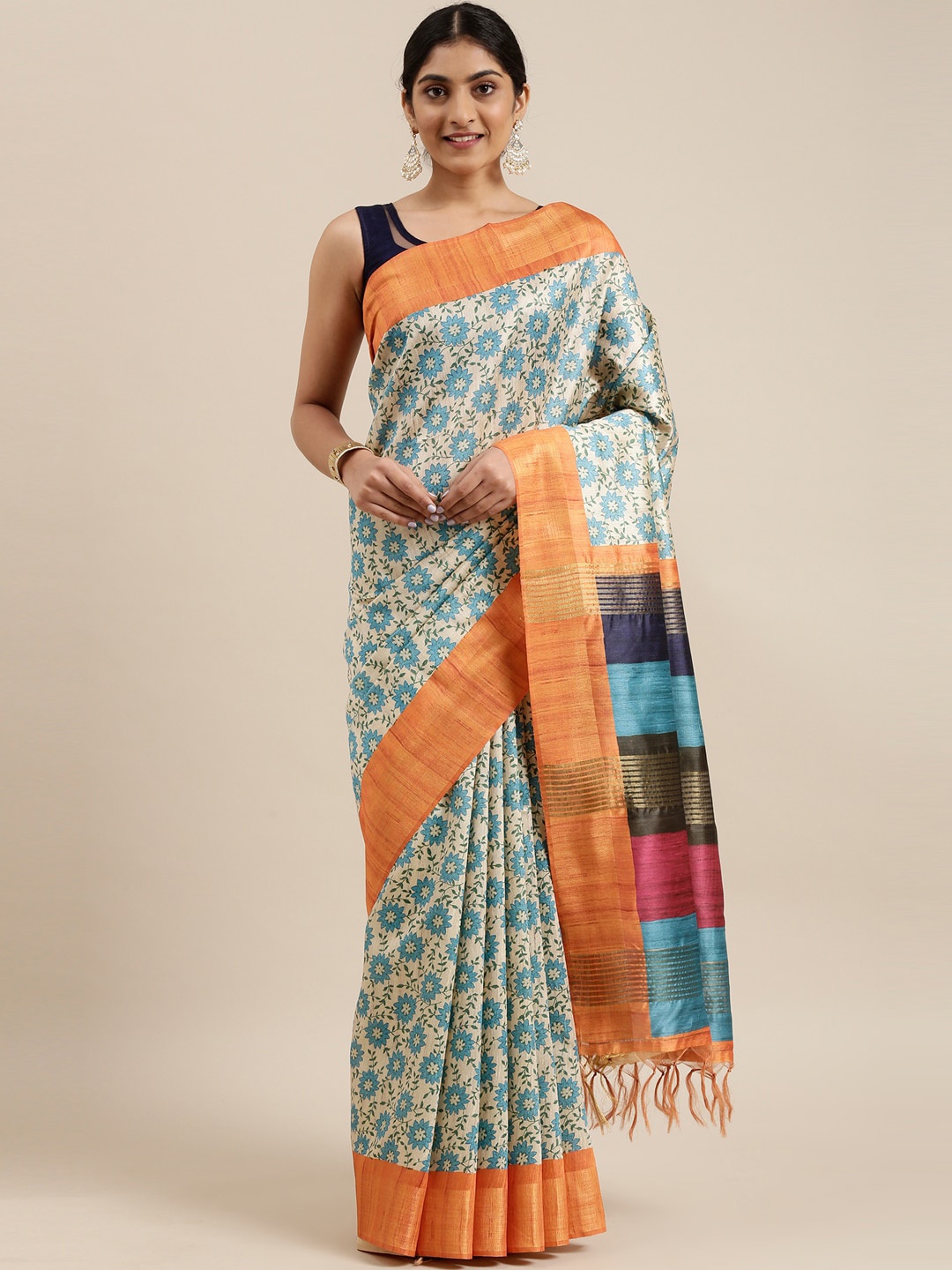

The Chennai Silks Beige & Blue Floral Fusion Saree