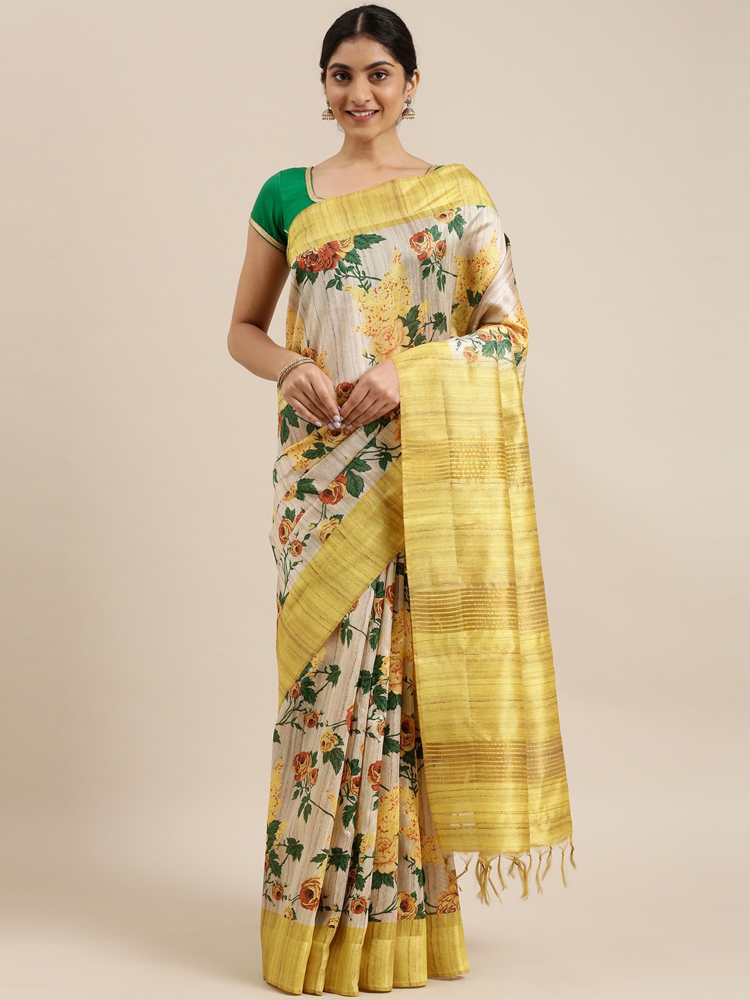 

The Chennai Silks Beige & Yellow Floral Fusion Saree