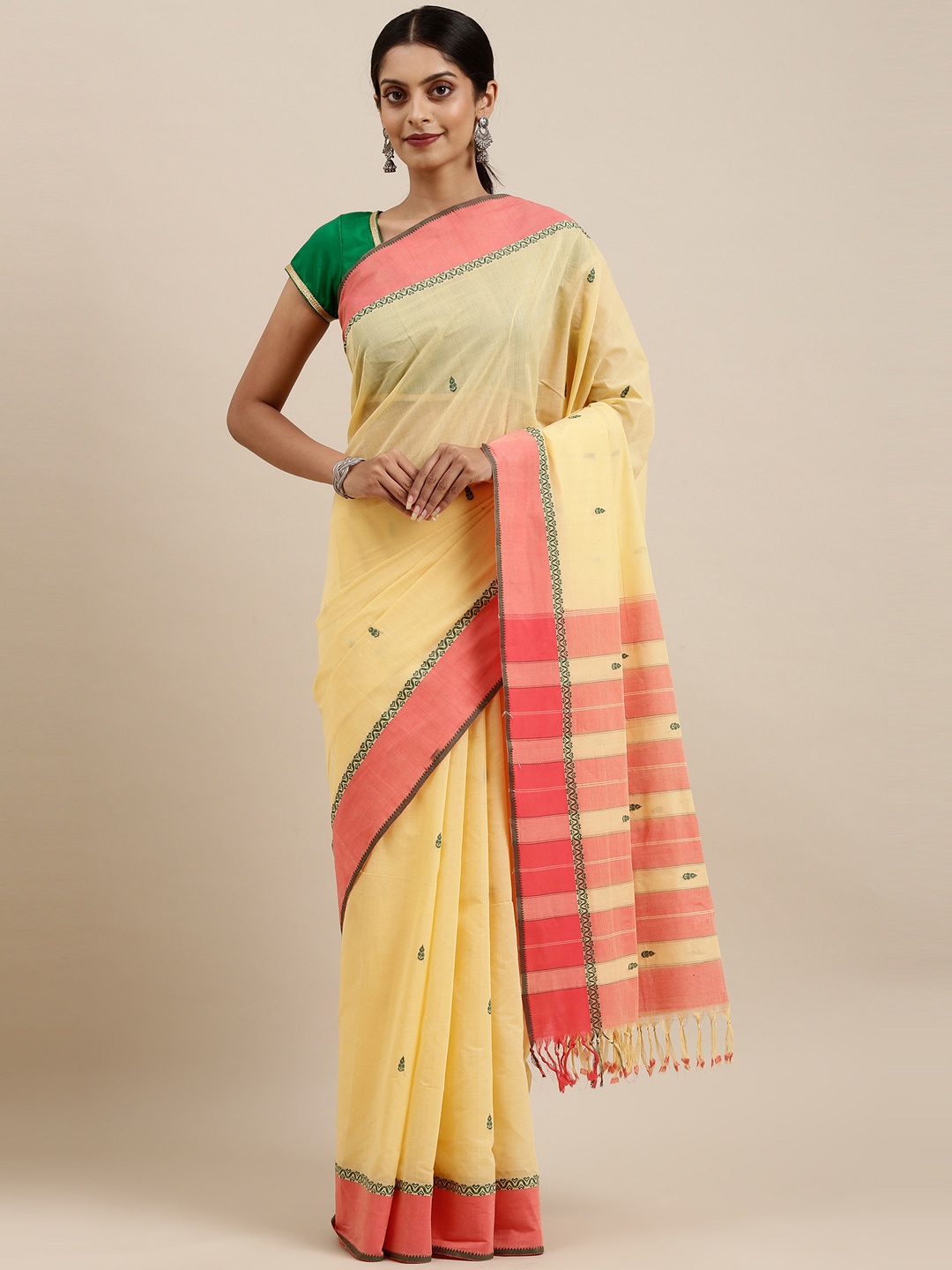 

The Chennai Silks Yellow & Pink Ethnic Motifs Pure Cotton Venkatgiri Saree