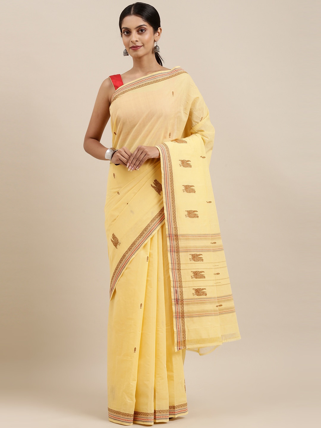 

The Chennai Silks Yellow & Brown Floral Pure Cotton Venkatgiri Saree
