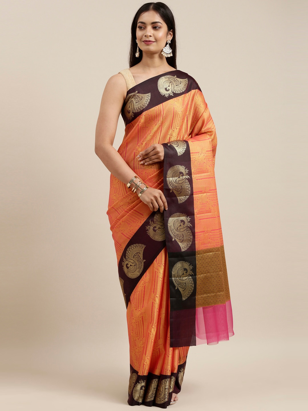 

The Chennai Silks Orange & Brown Woven Design Zari Organza Fusion Banarasi Saree