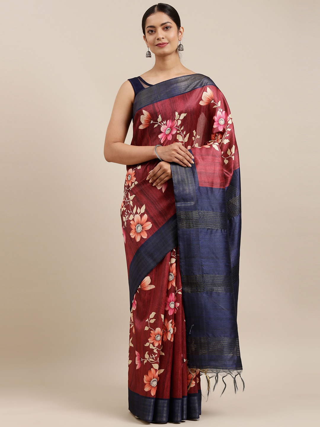 

The Chennai Silks Maroon & Pink Floral Fusion Saree
