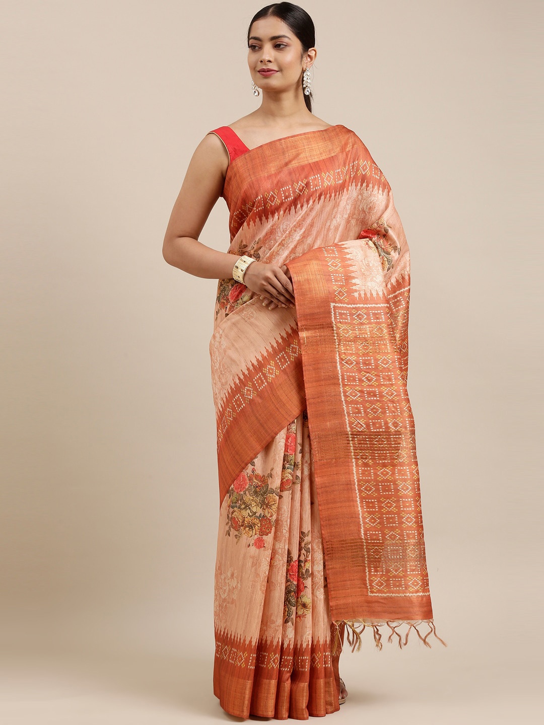 

The Chennai Silks Orange & Brown Floral Printed Saree
