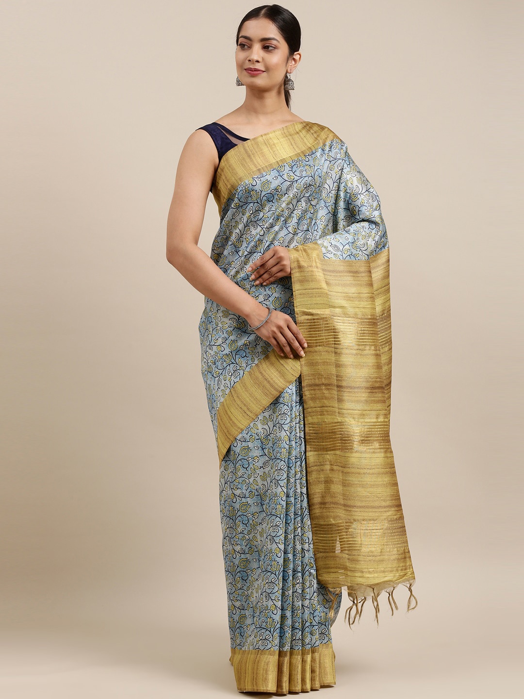 

The Chennai Silks Blue & Gold-Toned Floral Printed Saree