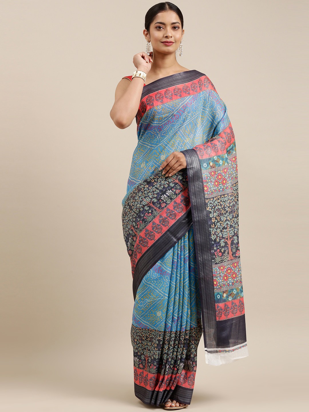 

The Chennai Silks Blue & Pink Bandhani Linen Blend Saree