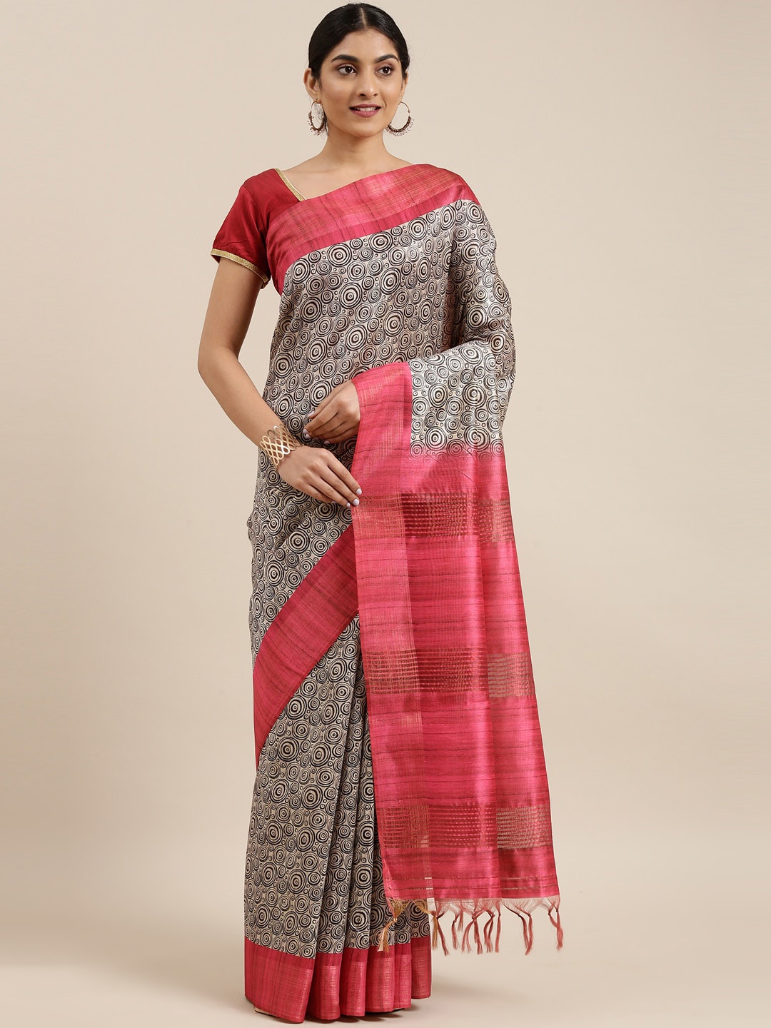 

The Chennai Silks Beige & Pink Floral Printed Saree