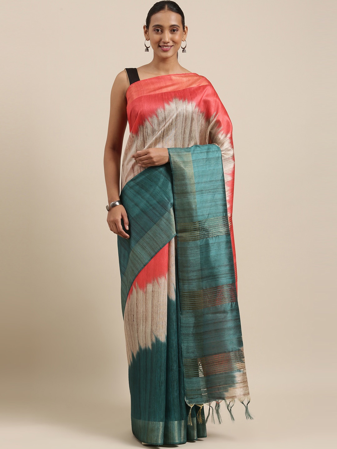 

The Chennai Silks Green & Peach-Coloured Jute Cotton Saree