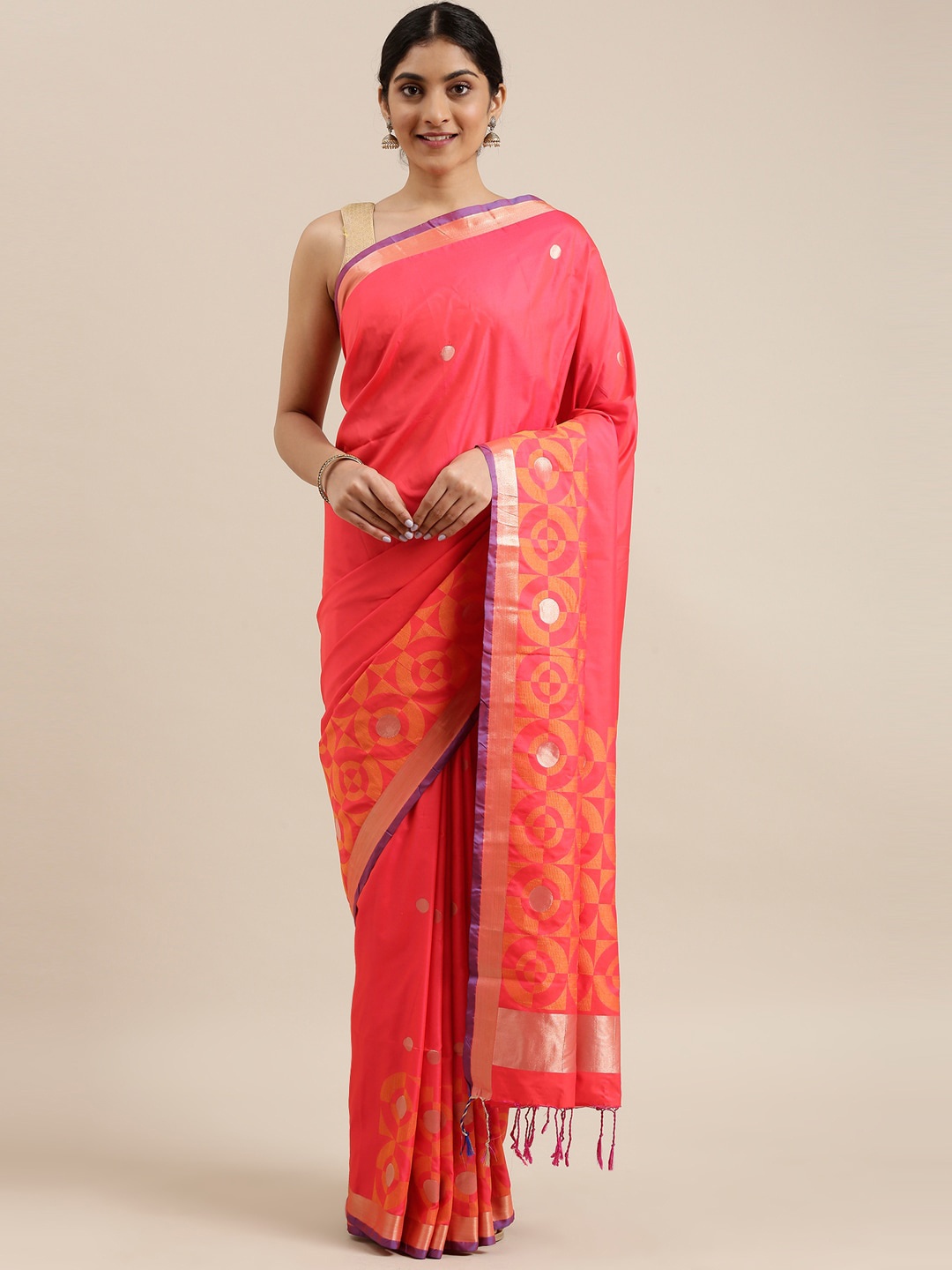

The Chennai Silks Red & Purple Geometric Woven Design Zari Art Silk Saree