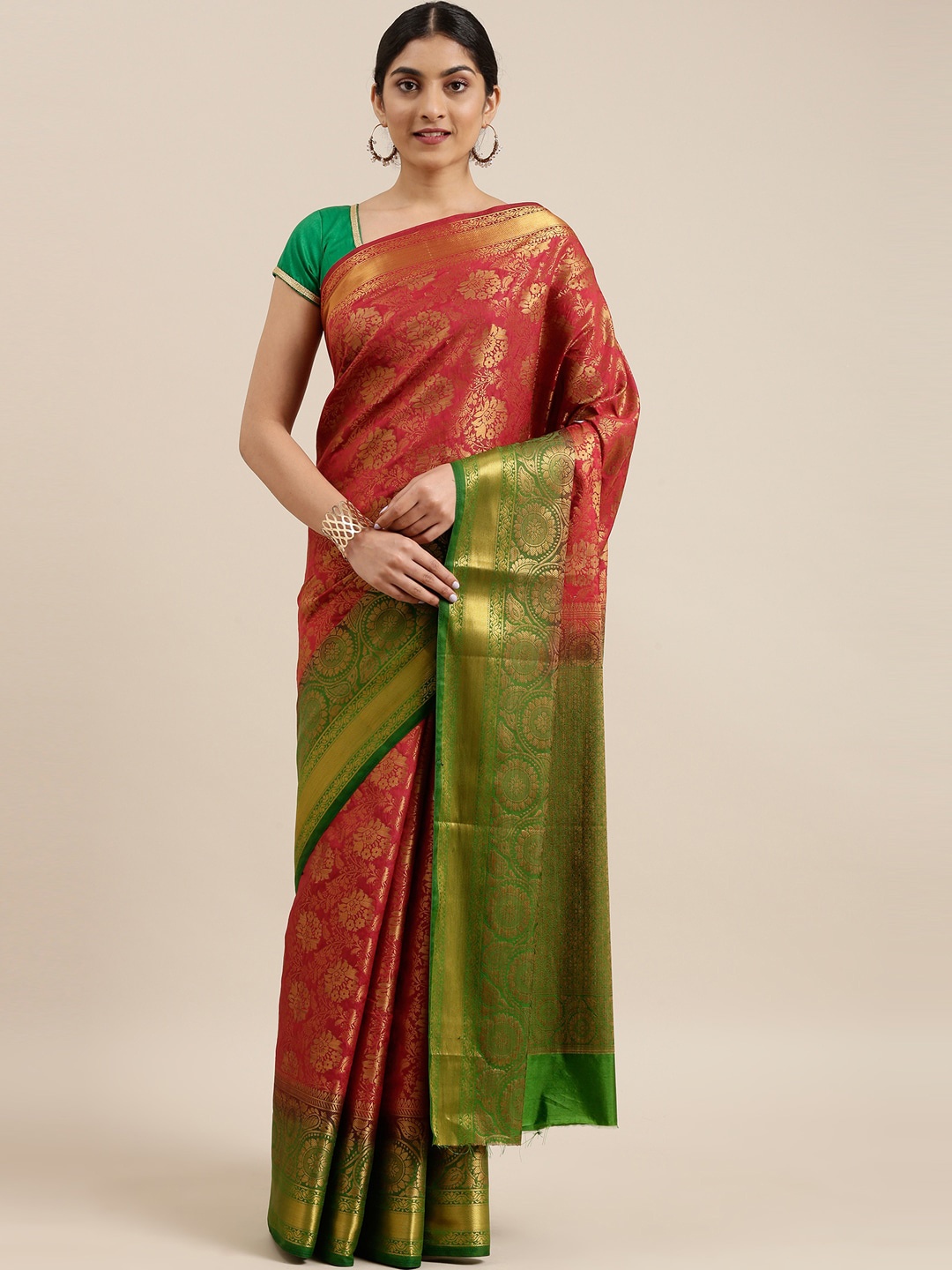 

The Chennai Silks Maroon & Green Floral Woven Design Zari Patola Saree
