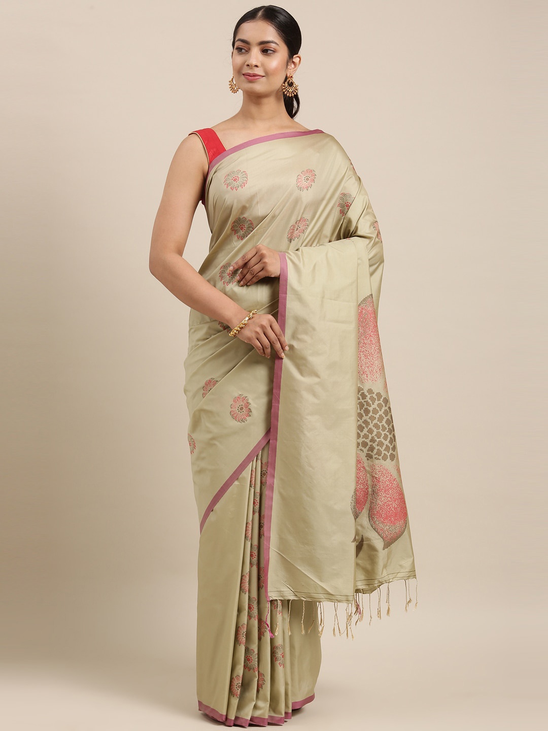 

The Chennai Silks Beige & Red Floral Printed Art Silk Fusion Saree