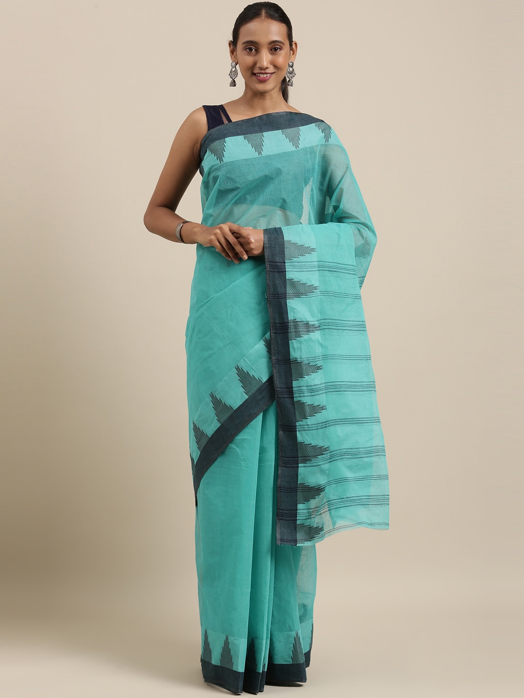 

The Chennai Silks Green & Black Pure Cotton Taant Saree