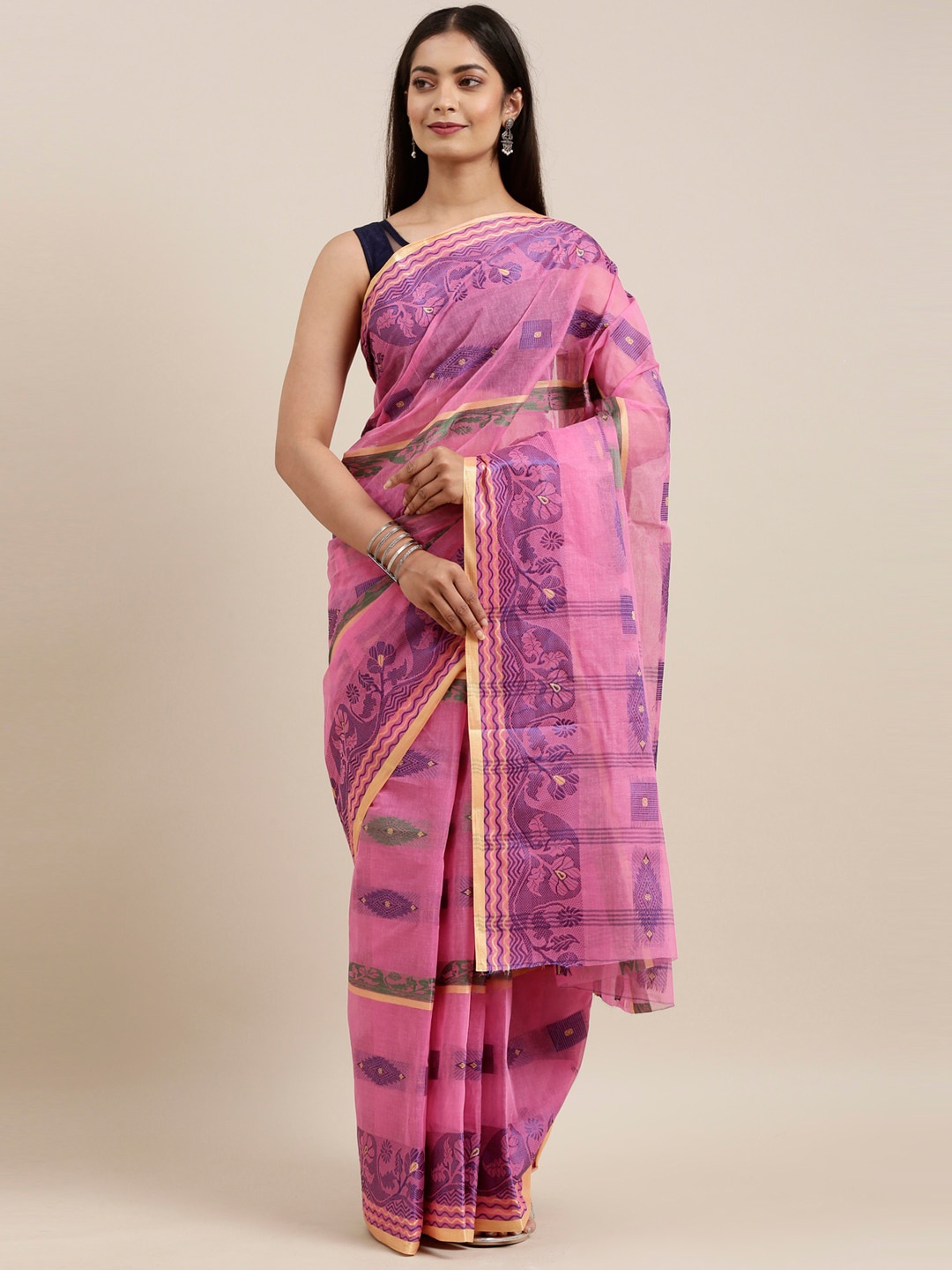 

The Chennai Silks Pink & Blue Ethnic Motifs Pure Cotton Taant Saree