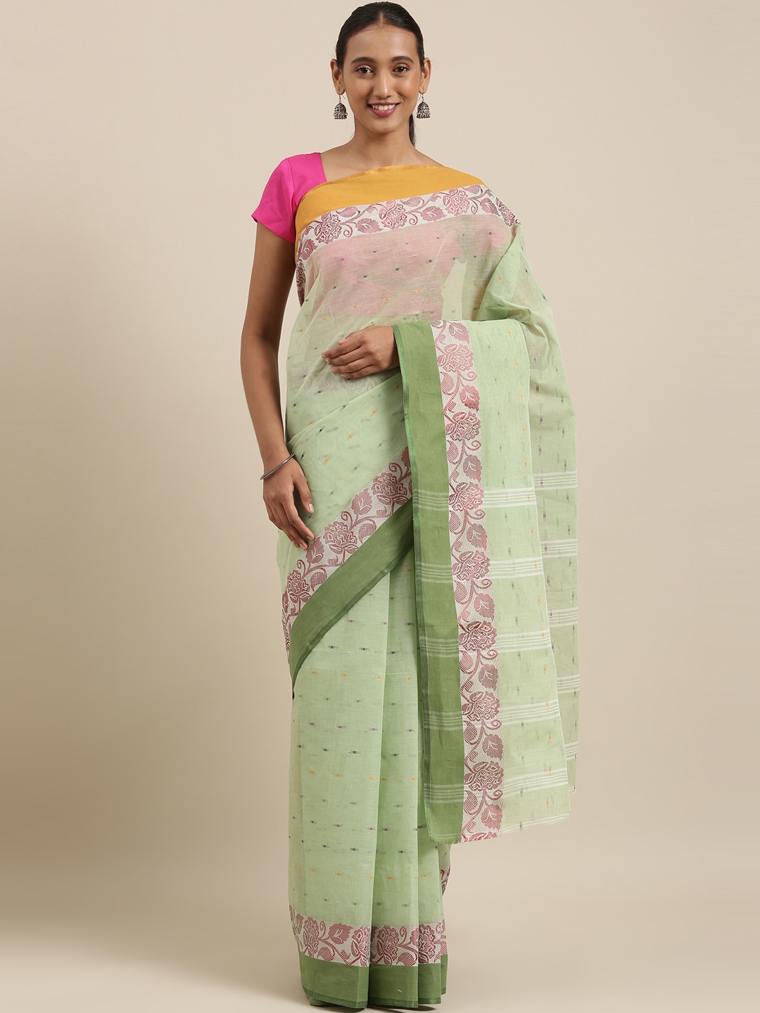 

The Chennai Silks Green & Pink Printed Ethnic Motifs Pure Cotton Taant Saree