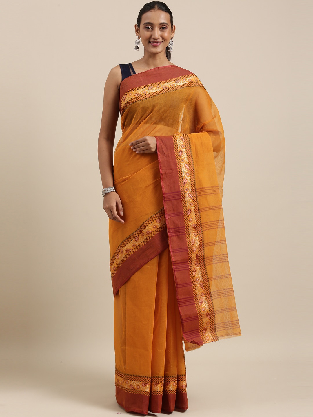 

The Chennai Silks Orange & Red Woven Design Pure Cotton Taant Saree