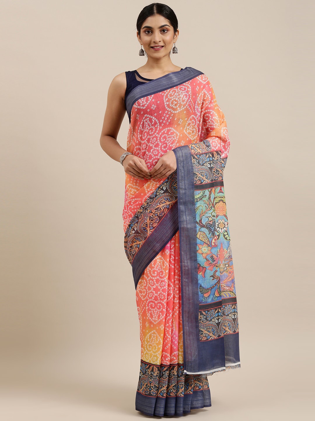 

The Chennai Silks Orange & Blue Floral Printed Linen Blend Saree