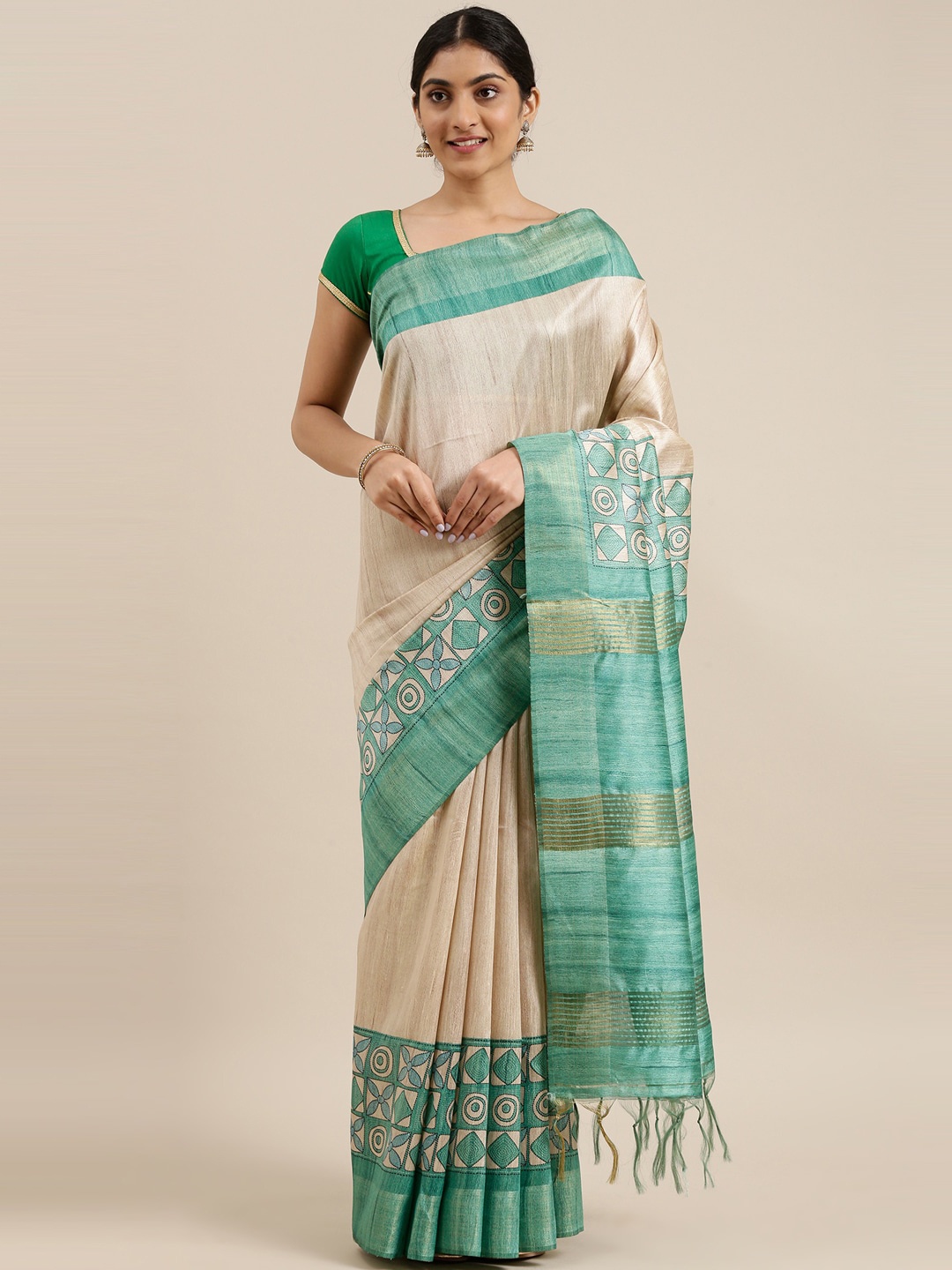 

The Chennai Silks Beige & Blue Printed Dupion Saree