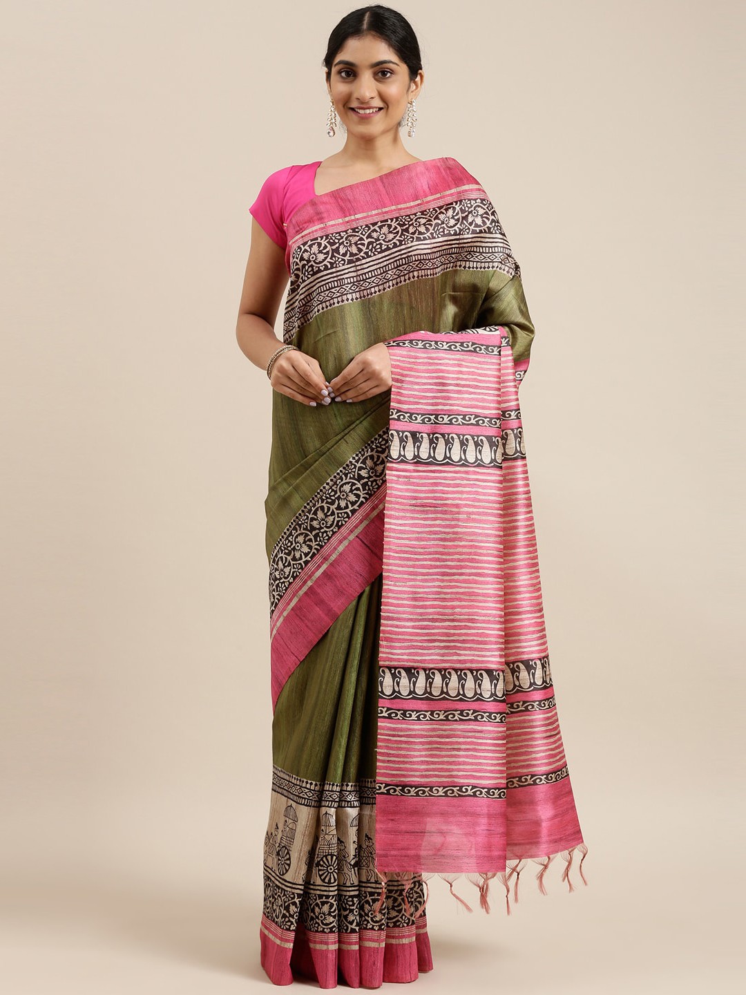 

The Chennai Silks Green & Pink Printed Dupion Saree