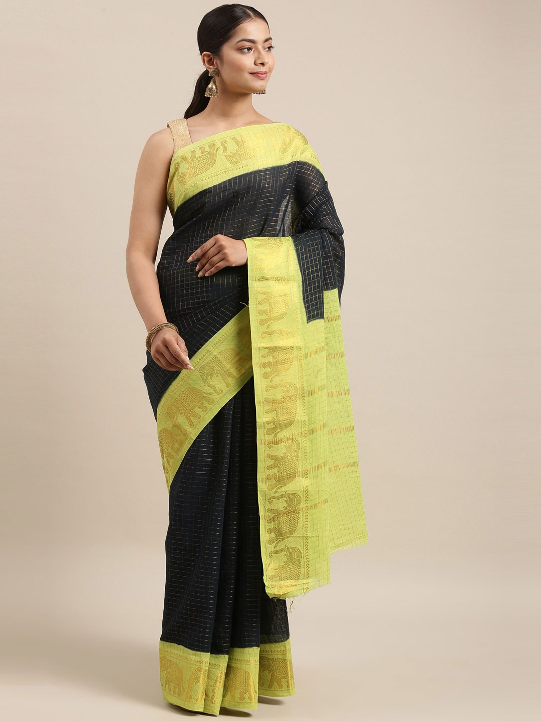 

The Chennai Silks Green & Black Checked Pure Cotton Fusion Sungudi Saree