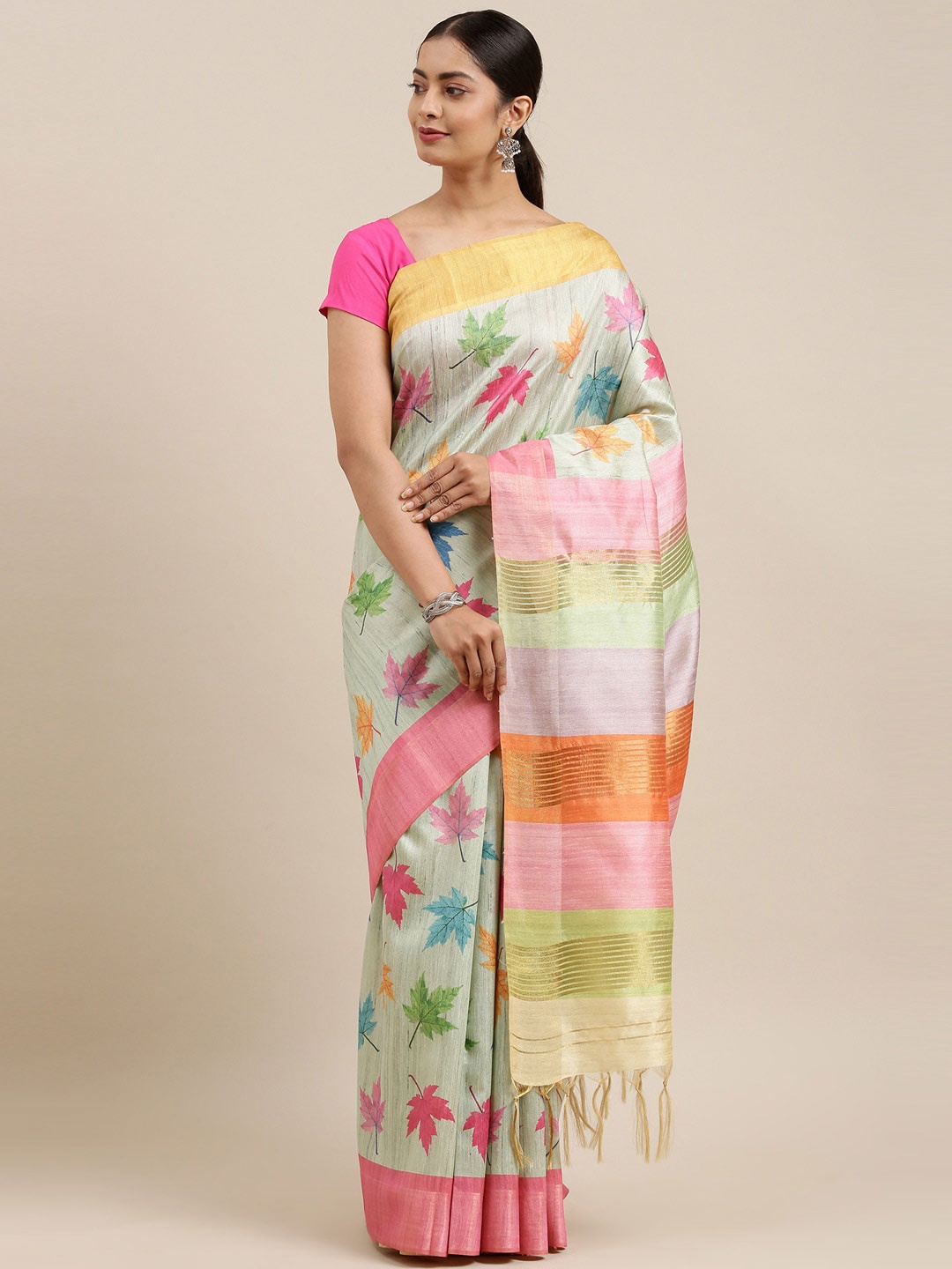 

The Chennai Silks Green & Pink Floral Printed Dupion Cotton Saree