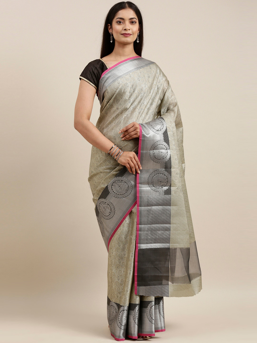 

The Chennai Silks Grey & Silver-Toned Woven Design Zari Organza Banarasi Saree