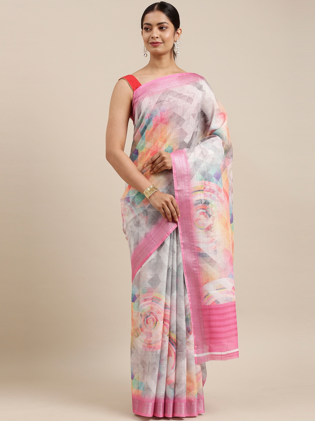 

The Chennai Silks Pink & Red Linen Blend Printed Saree