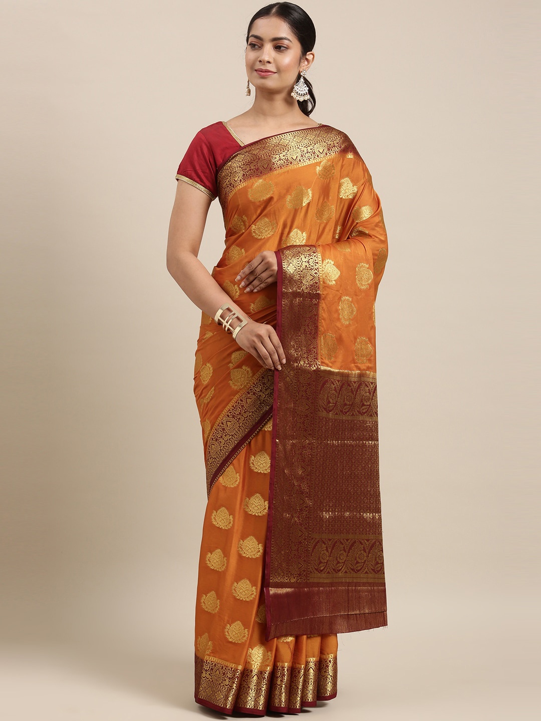 

The Chennai Silks Mustard & Maroon Ethnic Motifs Zari Saree