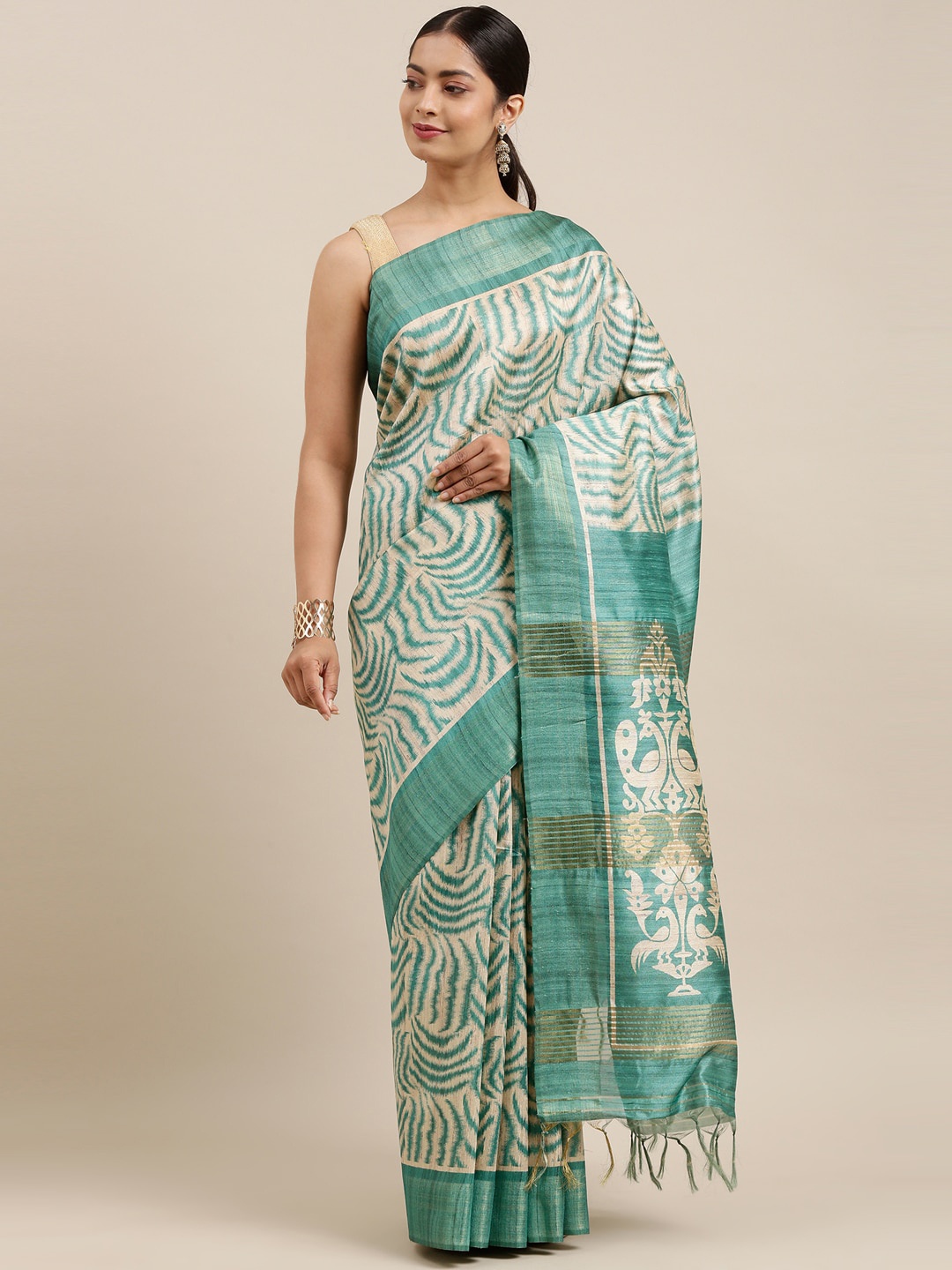 

The Chennai Silks Beige & Green Printed Dupion Cotton Saree