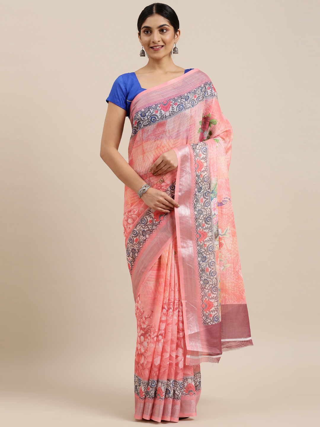

The Chennai Silks Pink & Blue Floral Printed Linen Blend Saree