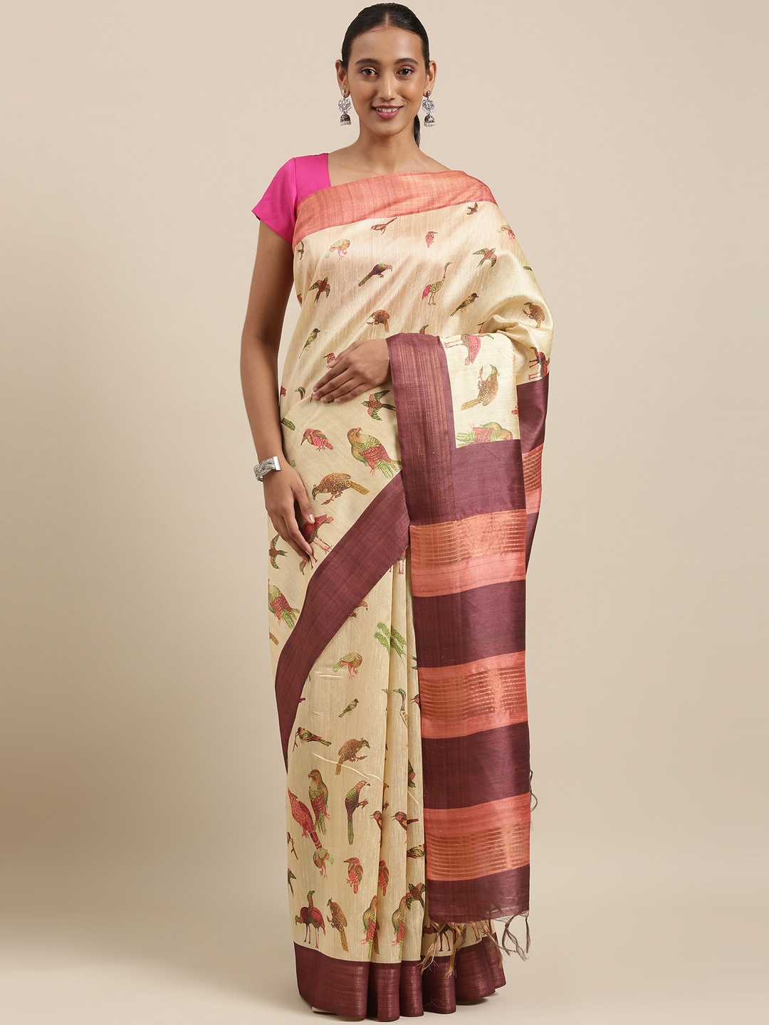 

The Chennai Silks Beige Floral Printed Jute Cotton Saree