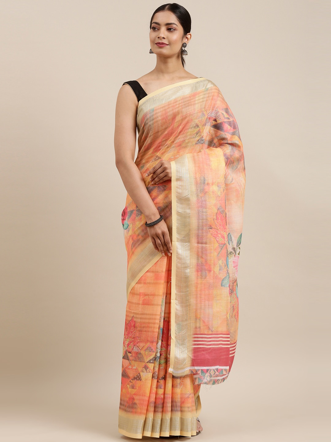 

The Chennai Silks Orange & Grey Printed Linen Blend Saree