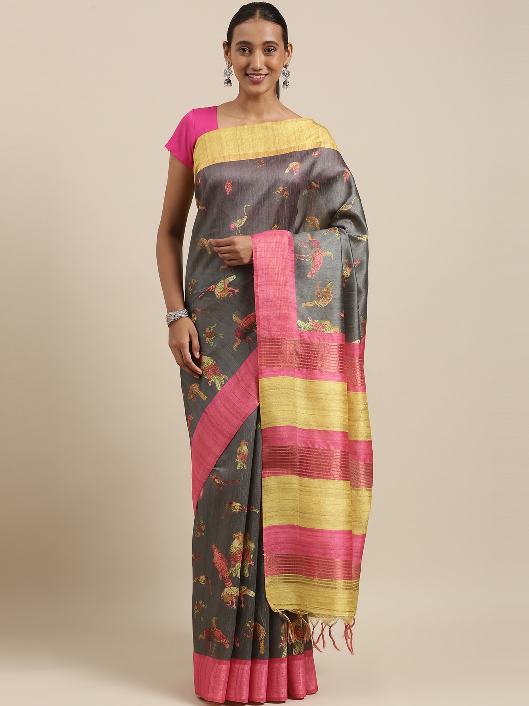 

The Chennai Silks Grey & Pink Printed Jute Cotton Saree