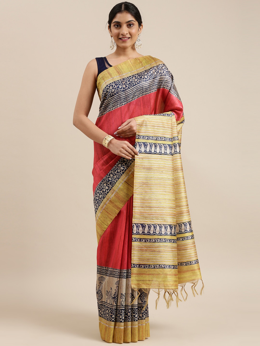 

The Chennai Silks Red & Blue Ethnic Motifs Printed Saree