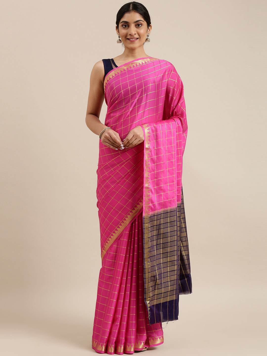 

The Chennai Silks Pink & Gold-Toned Checked Zari Saree