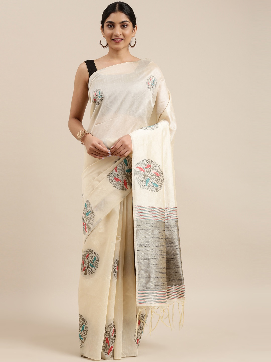 

The Chennai Silks Beige & Grey Floral Printed Dupion Cotton Saree