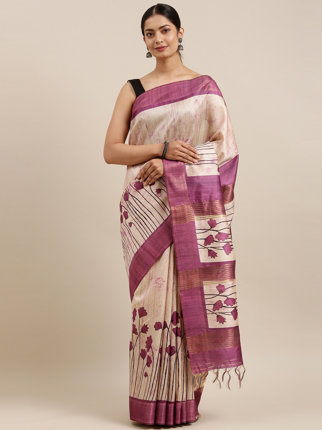 

The Chennai Silks Beige & Purple Floral Printed Dupion Cotton Saree