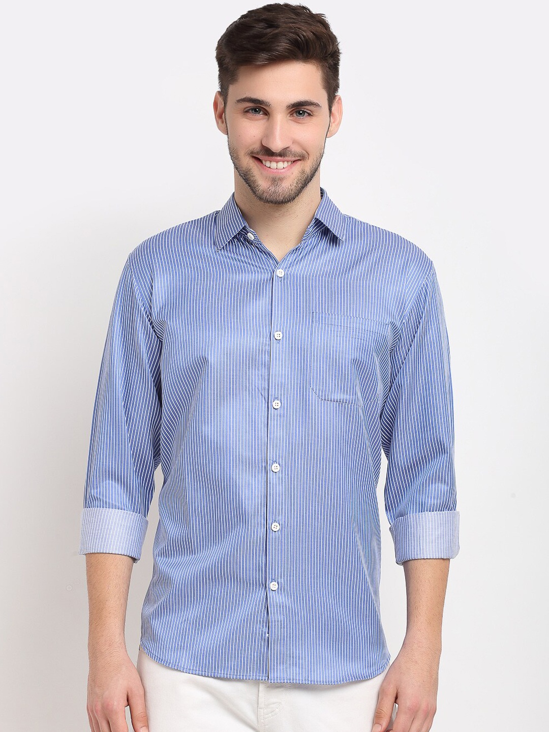 

JAINISH Men Blue & White Opaque Striped Pure Cotton Casual Shirt