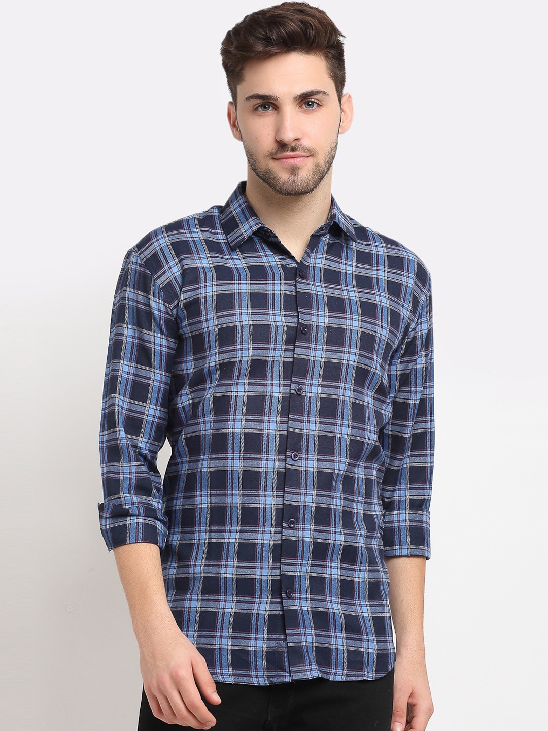 

JAINISH Men Blue & Navy Blue Checked Cotton Casual Shirt