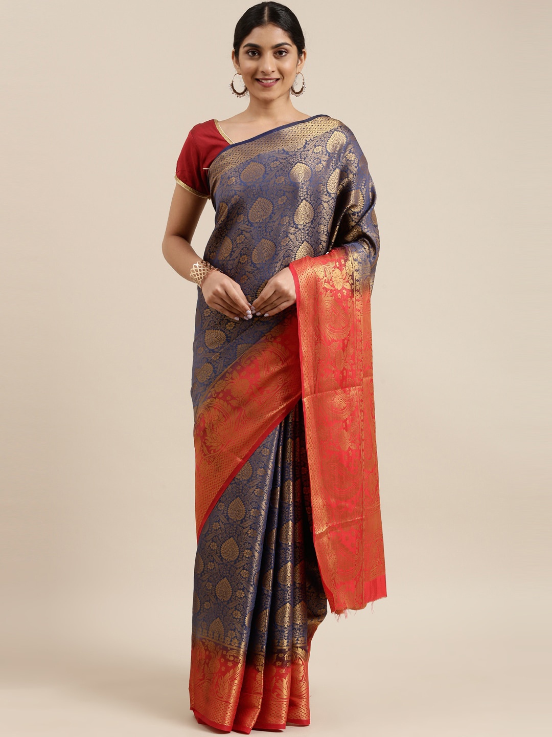 

The Chennai Silks Navy Blue & Red Woven Design Silk Blend Patola Saree