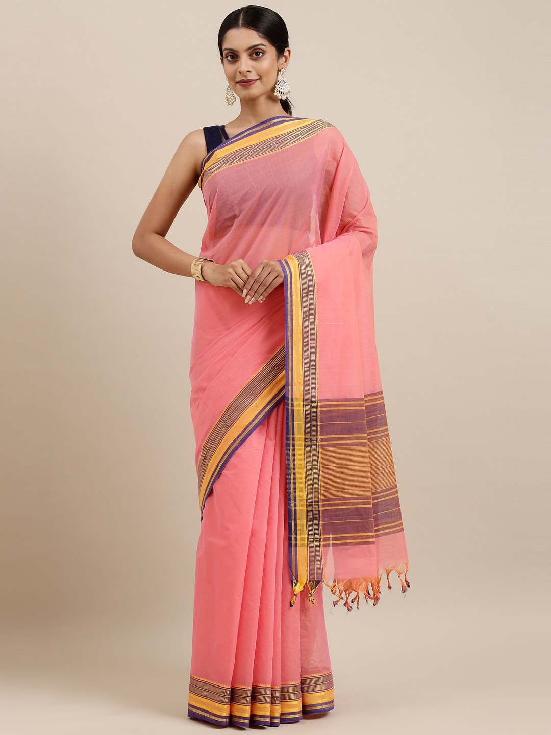 

The Chennai Silks Coral & Purple Handloom Pure Cotton Saree