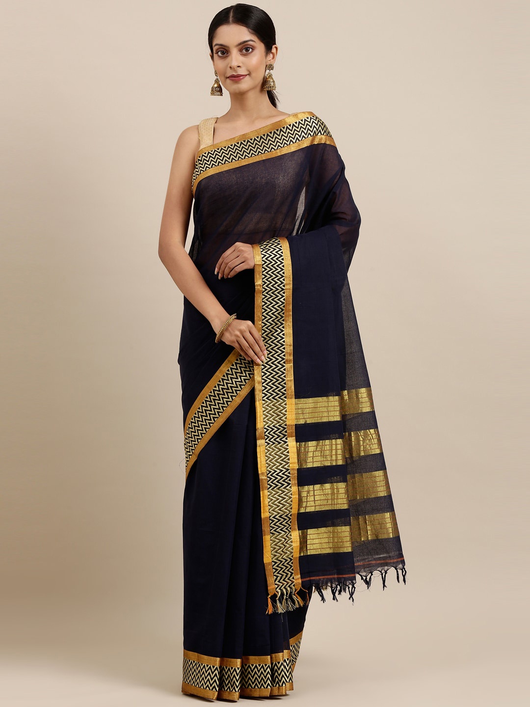 

The Chennai Silks Navy Blue & Gold-Toned Banhatti Pure Cotton Saree