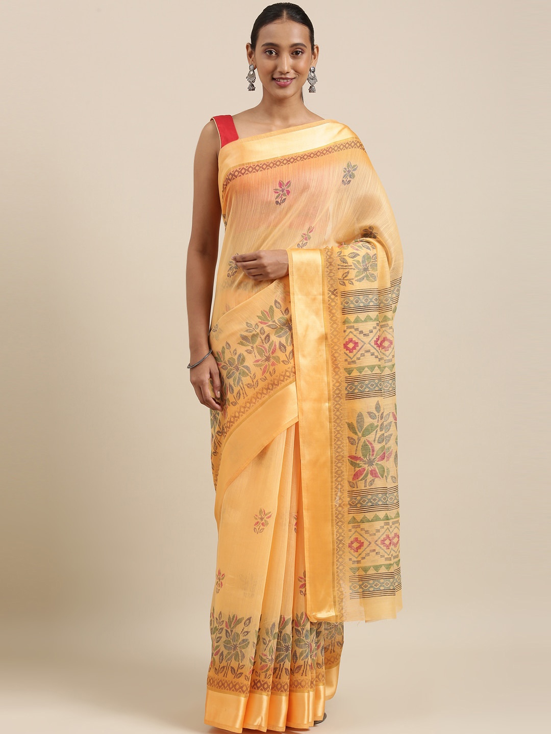 

The Chennai Silks Orange & Pink Floral Printed Bhagalpuri Saree