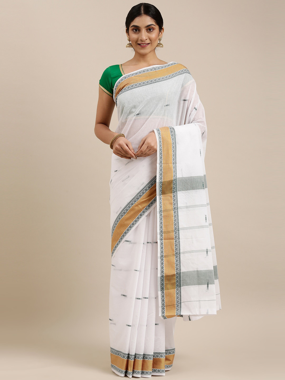 

The Chennai Silks Off White & Gold-Toned Ethnic Motifs Printed Pure Cotton Fusion Saree