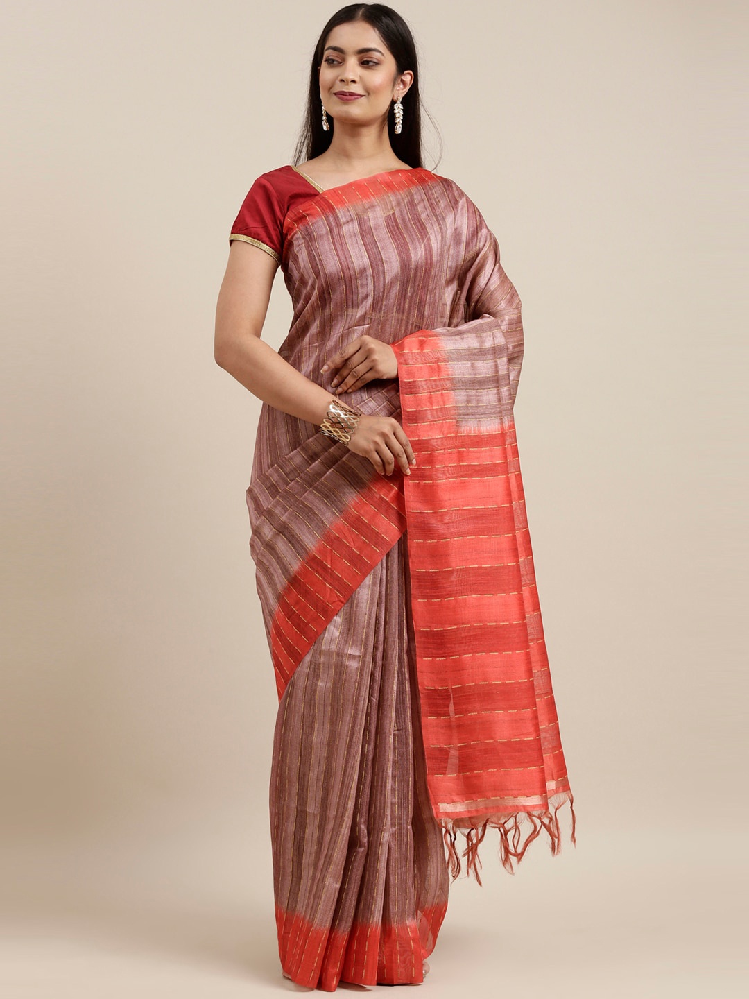 

The Chennai Silks Brown & Orange Striped Dupion Saree