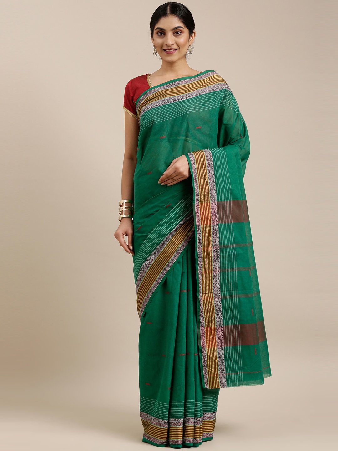 

The Chennai Silks Green & Gold-Toned Ethnic Motifs Pure Cotton Saree